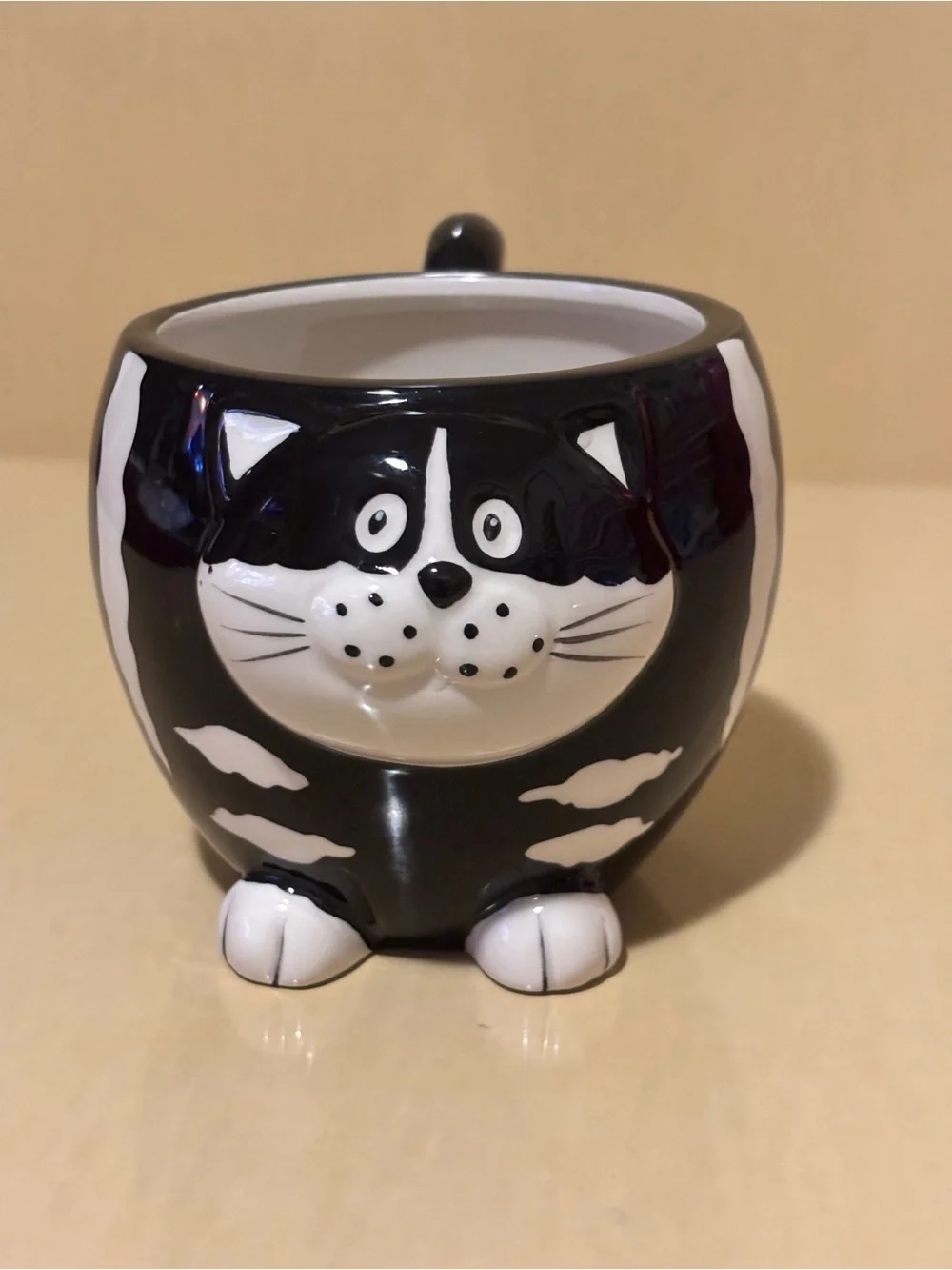 Pier 1 Imports Black & White Striped Chubby Cat Mug. Ceramic